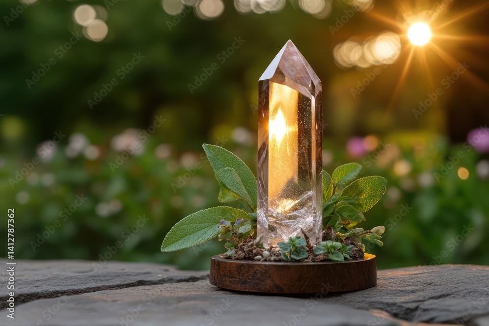 Poster close-up shot of a clear crystal point on a wooden base surrounded by small green plants. the crysta