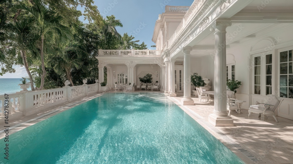 Poster scenic view of a turquoise pool surrounded by a white ornate building on a sunny day, with lush gree