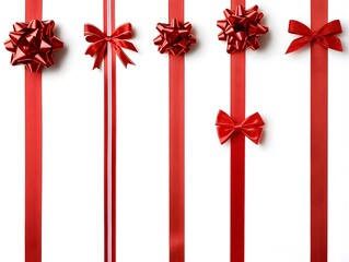 Assortment of Straight Red Ribbons in Multiple Sizes – Ideal for Decoration or Design Projects, red bow on white background