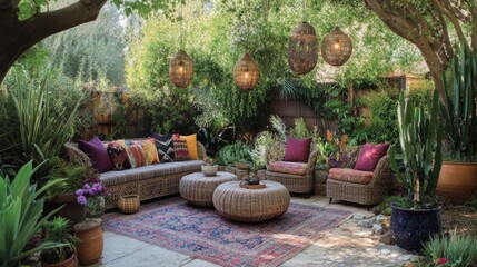 Obraz premium Relaxing Bohemian Patio with Woven Furniture and Colorful Textiles