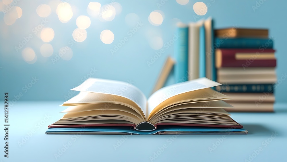 Fototapete open book on table with bokeh background highlighting study and knowledge
