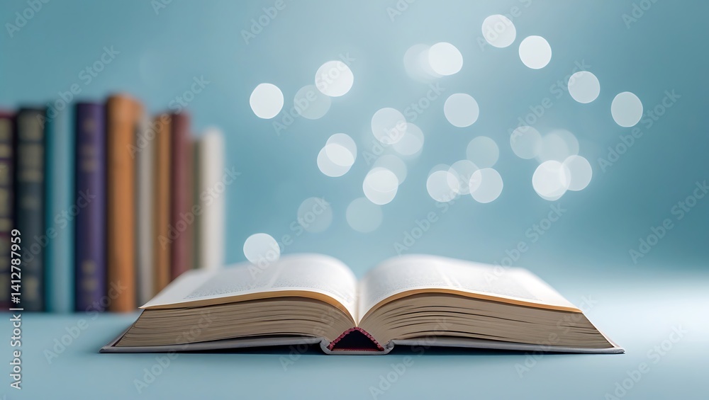 Fototapete open book on table with bokeh background highlighting study and knowledge