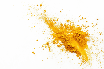 Turmeric powder scattered lightly on a seamless white background, ideal for food styling.