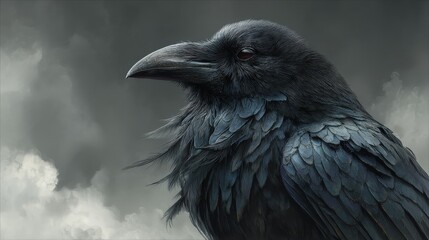 Dark fantasy concept featuring a demonic black raven with eerie aura and glowing eyes, mysterious wings spread wide in dramatic pose, representing power, darkness, and mythological supernatural themes