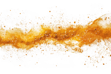 Turmeric powder scattered lightly on a seamless white background, ideal for food styling.