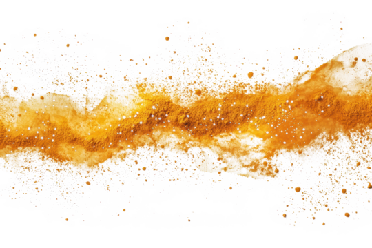 Turmeric powder scattered lightly on a seamless white background, ideal for food styling.