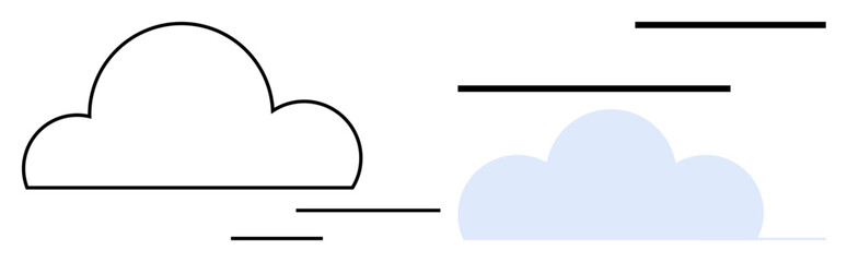 Two cloud shapes, one outlined and one solid, with horizontal lines indicating motion or wind. Ideal for weather, speed, motion, simplicity, cloud computing, minimal design flat simple metaphor