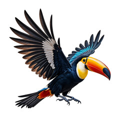 Obraz premium toco toucan in flight in various positions rainforest clown wildlife photorealistic illustrations png transparent background cutout isolated