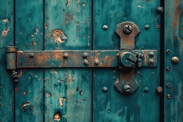 Teal wooden door with iron latch