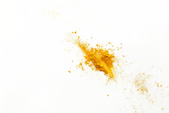Turmeric powder scattered lightly on a seamless white background, ideal for food styling.
