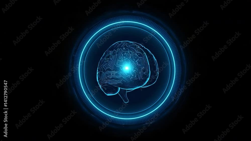 Poster a machine learning brain symbol designed with abstract circuitry, centered in a futuristic holograph