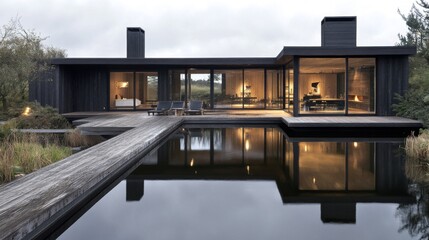 Fototapeta premium Modern Black House with Reflecting Pool