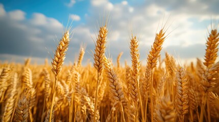 Fototapeta premium Golden Wheat Stalks Swaying Gently in a Sunlit Field Under a Blue Sky With Fluffy Clouds