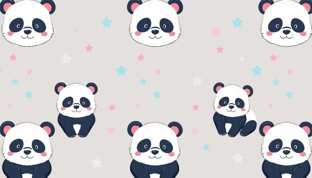Adorable panda seamless pattern Light grey background, pink & blue stars, cute cartoon pandas, animal, wrapping