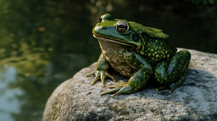 Fototapeta premium Serene Green Frog on Mossy Rock by Still Water