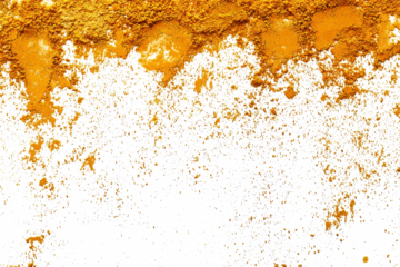Turmeric powder scattered lightly on a seamless white background, ideal for food styling.