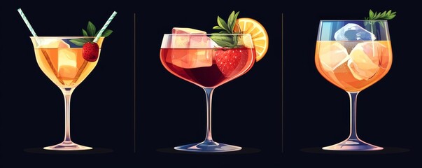 Trio of Colorful Cocktails featuring Red, Orange, and Yellow Drinks with Mint and Lime Garnishes in Pixel Art