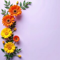 Bouquet of flowers placed on the left on a light purple background with space for text. Banner, top view, flat lay