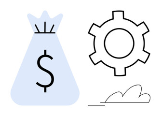 Obraz premium Money bag with dollar sign near gear and minimal cloud element. Ideal for finance, growth, economy, investment, strategy, efficiency visualization, simple landing page