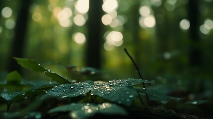Dew-Kissed Forest Floor: Emerald Leaves and Sunlit Shadows
