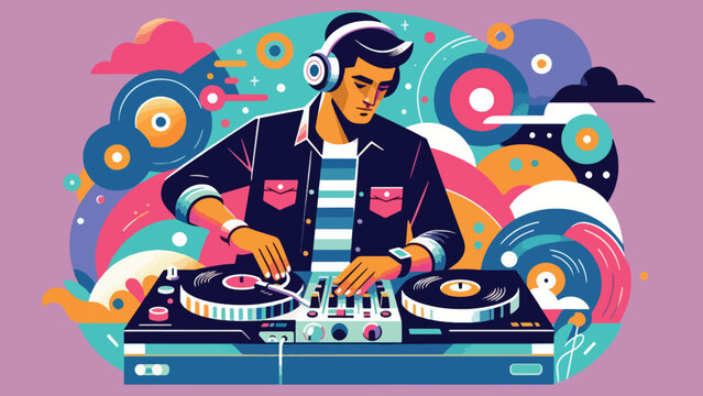 illustration of a DJ wearing a headset and playing a turntable, in a pop style