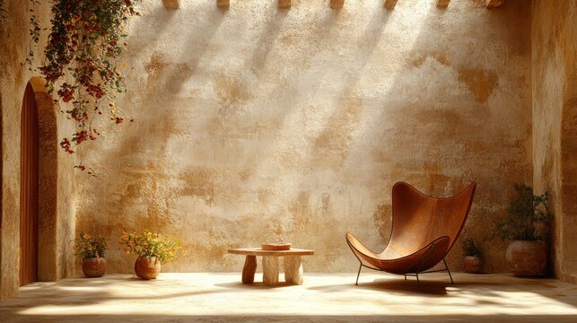 Warm interior textured wall, chair, table, archway, shadows, potted plants