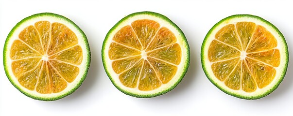 Obraz premium On a white background, three slices of ripe yellow watermelon are displayed