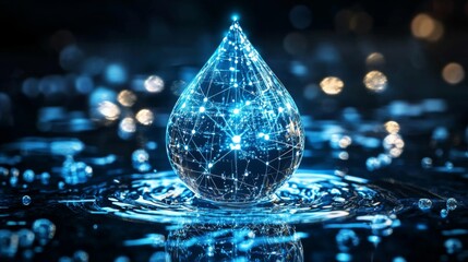 Glowing Blue Digital Water Drop on Dark Background