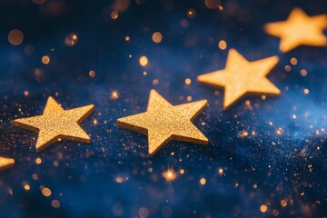 Golden star rating system on glittering blue background for ui design inspiration