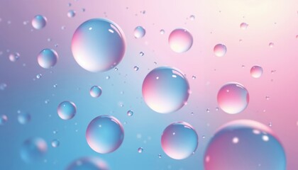 Macro oil drop floating on water surface. Abstract light purple water bubbles background. Cosmetic liquid beauty product. Colorful art background