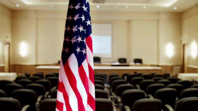 American flag prominently displayed in a spacious, empty conference room with rows of black chairs.