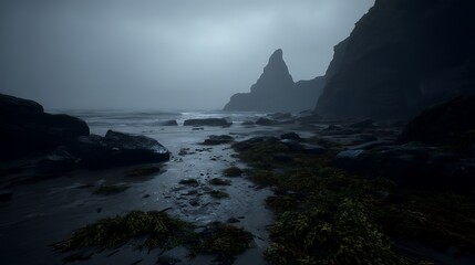 Obraz premium A moody coastal scene with rocky cliffs and a misty atmosphere.