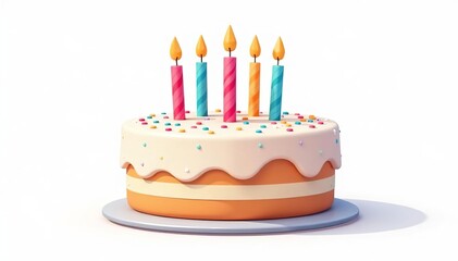 A festive cartoon birthday cake with colorful candles and sprinkles on a white background, celebration, bakery