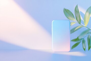 Elegant minimalist design of smartphone with leaf decoration on pastel background