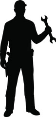 Silhouette of male mechanic or handyman holding wrench in hand