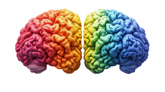 Colorful abstract representation of human brain hemisphere with detailed texture and vivid rainbow colors