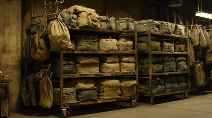 A Warehouse of Aged Canvas Bags:  Military Surplus Storage