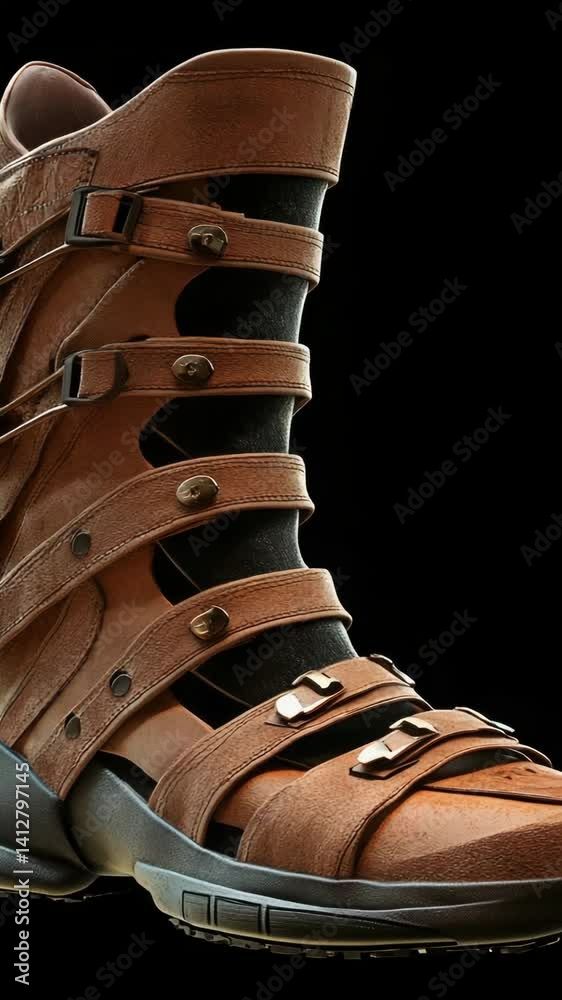 Poster a close-up view of a pair of shoes on a black background, ideal for use in fashion or design project