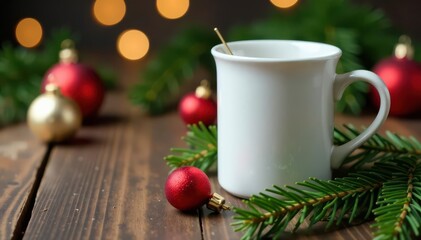White mug, Christmas ornaments, fir sprigs on wood , hot, white, joy