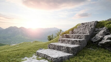 Serene Stone Steps Leading to a Majestic Mountain View at Sunrise, Surrounded by Green Grass and Vibrant Sky