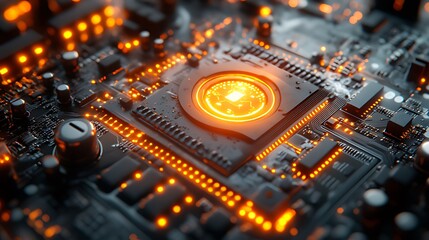 Fototapeta premium Glowing CPU, circuit board, technology, data center, computing, processing, future