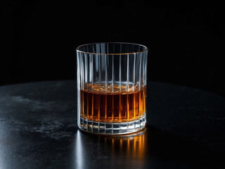 A glass of amber-colored whiskey sits on a dark marble surface, illuminated by soft lighting that highlights the drink's rich hue and the glass's intricate design.