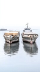 Fototapeta premium Two Aged Cargo Barges Docked at Serene Water Surface in a Tranquil Port Setting with Reflections and Calm Atmosphere