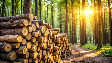 Golden Hour Lumber Stack in a Sun-Dappled Forest