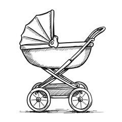 Baby stroller sketch design in black and white  