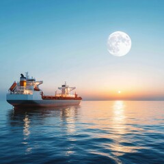 Fototapeta premium Calm ocean view at sunset with a cargo ship silhouette and a glowing moon illuminating the horizon in a serene atmosphere of nature and tranquility