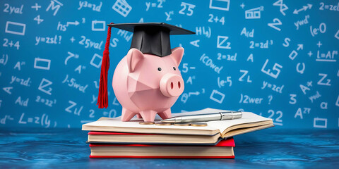 a pink ceramic piggy bank wearing a black graduation cap with a red tassel, symbolizing education and savings. The piggy bank is placed on top of two stacked hardcover books with worn edges, suggestin