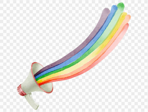 Creative megaphone with long, curved rainbow stream symbolizing the ongoing voice of love and artistic freedom.vector