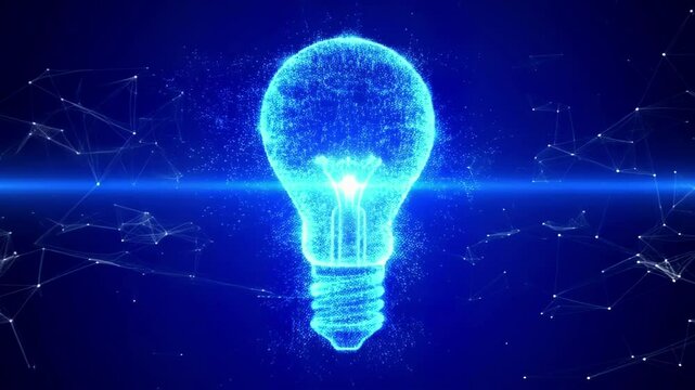 Illuminated digital light bulb glowing with particles against a dark blue background, symbolizing innovation and creativity.