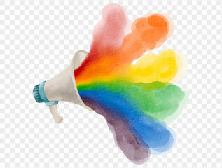 Hand painted megaphone with burst rainbow flare, symbolizing joy, diversity, and expressive empowerment through watercolor.vector